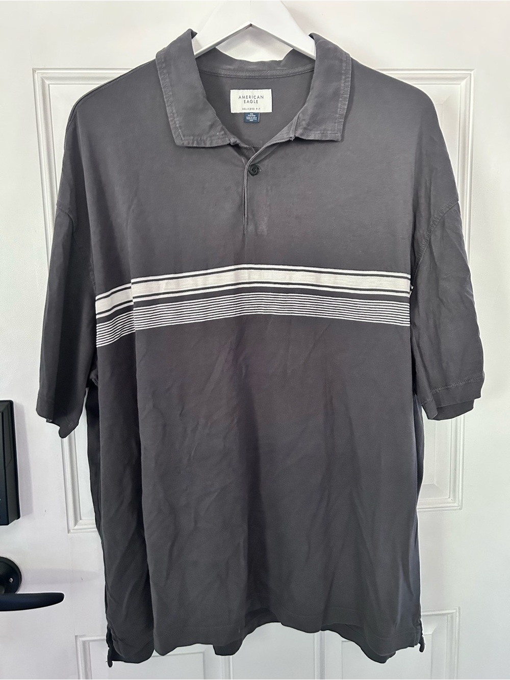 American Eagle Outfitters Men’s Charcoal Polo with White Stripe